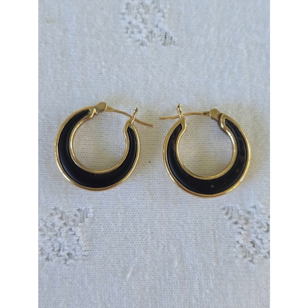 Monet Shiny Gold and Black Crescent Hoop Earrings Vintage